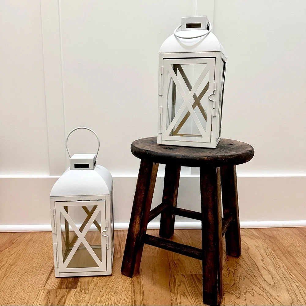 Set Of 2 Medium White Vintage Lanterns W/ Matte Gold Interior Metal & Glass